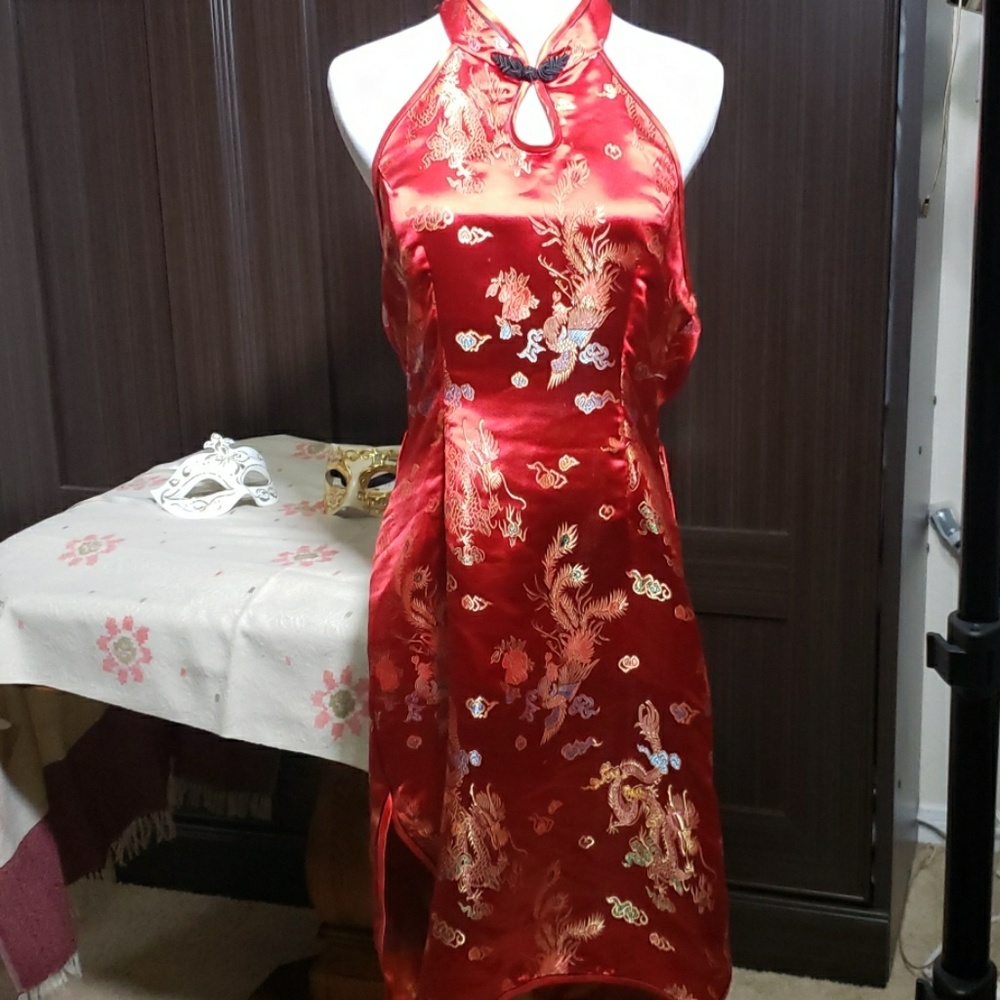 Red and multicolored Japanese inspired dress